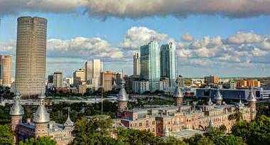 Aerial photo of Plant Hall with downtown Tampa in the background